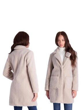 French Connection Teddy Sherpa Coat | Cream Taupe | Size M